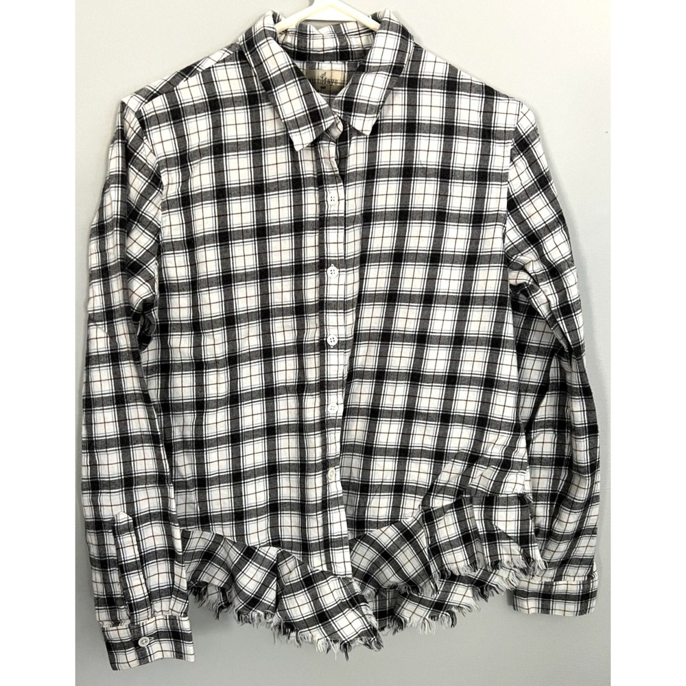 Sundays One Shirt Womens S/M Black White Plaid Button Down Long Sleeve Raw V Hem